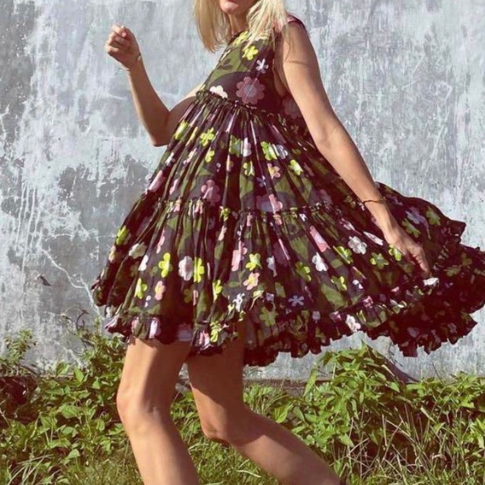 Innika Choo Izzy  Ruffle Tiered Ramie Printed Mini Dress size S